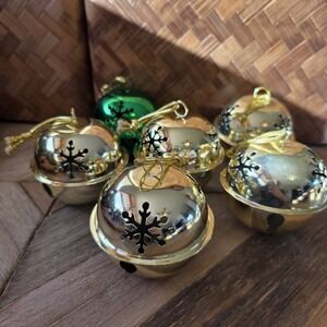 Santa's Workbench Bell Christmas Ornaments Hanging Decor Gold & Green 4" x 4"